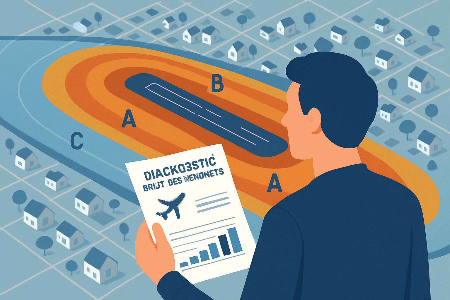 Illustration professionnelle montrant une carte aérienne avec les zones de bruit aéroportuaire colorées (A, B, C, D) superposées à un quartier résidentiel, un propriétaire tenant un rapport de diagnostic bruit des aéronefs au premier plan, style flat design moderne, palette de couleurs sobres bleu et orange, rendu vectoriel haute résolution