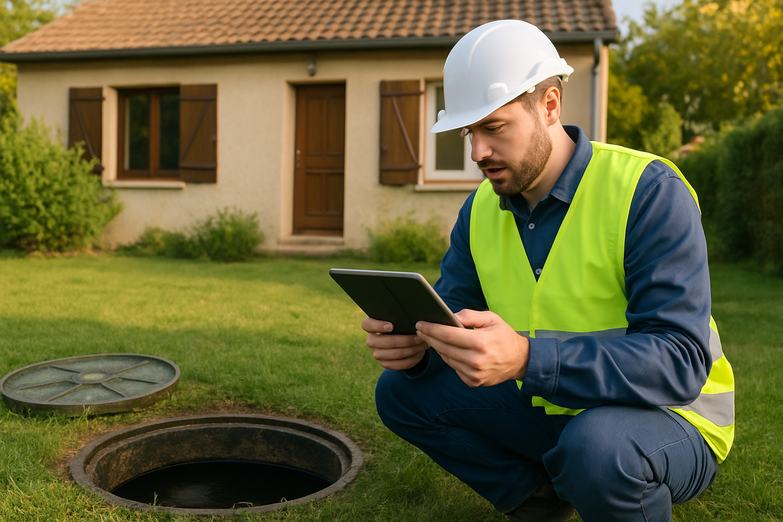 Photographie réaliste d un technicien portant un gilet fluorescent et un casque, inspectant une fosse septique dans le jardin d une maison individuelle française, tablette numérique en main pour remplir le rapport de diagnostic assainissement, lumière naturelle de fin d après-midi, style professionnel et informatif