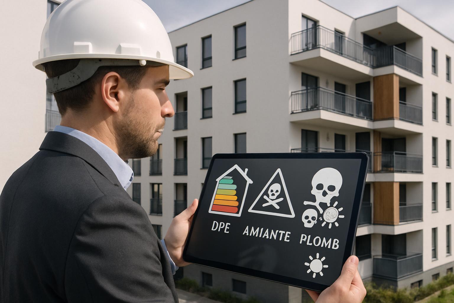 Inspecteur en bâtiment en tenue professionnelle examinant une résidence sociale contemporaine, tenant une tablette affichant en surimpression les pictogrammes DPE, amiante et plomb, lumière naturelle, style photoréaliste, cadrage horizontal, ambiance claire et sérieuse