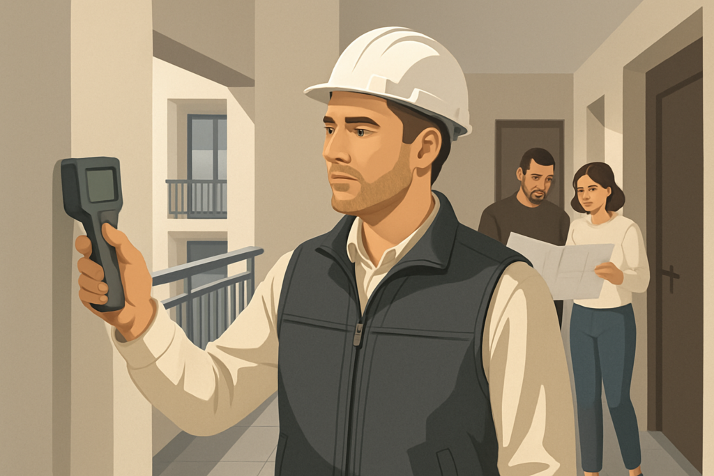 Illustration vectorielle réaliste montrant un diagnostiqueur immobilier équipé d’un appareil de mesure inspectant les parties communes d’un immeuble de copropriété moderne, copropriétaires consultant des plans à l’arrière-plan, ambiance professionnelle, couleurs neutres et éclairage naturel, style flat design haute résolution
