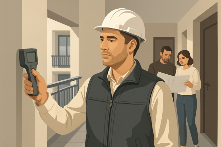 Illustration vectorielle réaliste montrant un diagnostiqueur immobilier équipé d’un appareil de mesure inspectant les parties communes d’un immeuble de copropriété moderne, copropriétaires consultant des plans à l’arrière-plan, ambiance professionnelle, couleurs neutres et éclairage naturel, style flat design haute résolution