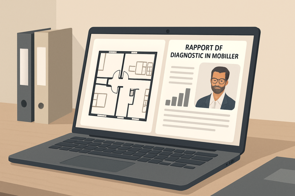 Illustration vectorielle professionnelle d’un ordinateur portable ouvert affichant à l’écran un plan d’appartement et un rapport de diagnostic immobilier, avec un expert connecté en visioconférence dans une petite fenêtre, sur un bureau épuré avec quelques dossiers, palette de couleurs sobres et modernes, style flat design réaliste, éclairage doux de bureau.