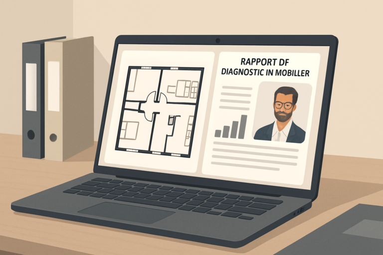 Illustration vectorielle professionnelle d’un ordinateur portable ouvert affichant à l’écran un plan d’appartement et un rapport de diagnostic immobilier, avec un expert connecté en visioconférence dans une petite fenêtre, sur un bureau épuré avec quelques dossiers, palette de couleurs sobres et modernes, style flat design réaliste, éclairage doux de bureau.