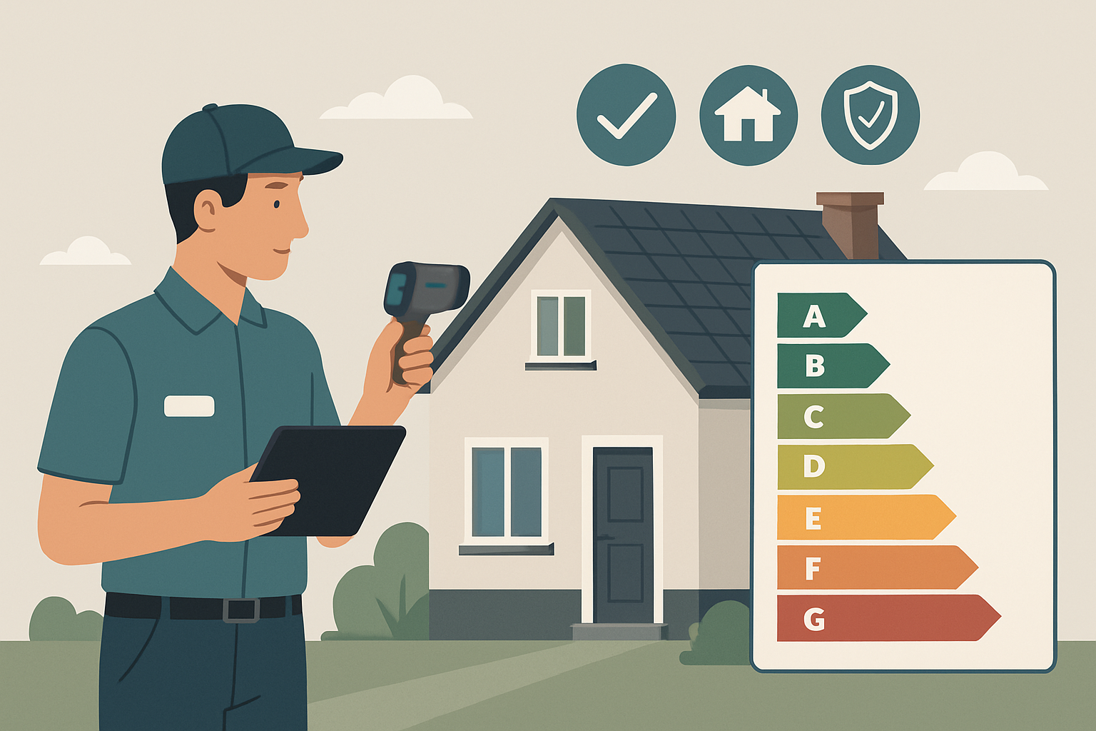 Illustration d’un diagnostiqueur immobilier équipé d’une tablette et d’un détecteur, inspectant une maison pavillonnaire typique d’Orgeval, avec en arrière-plan un schéma énergétique et des pictogrammes de conformité, style flat design professionnel, couleurs sobres, orientation paysage