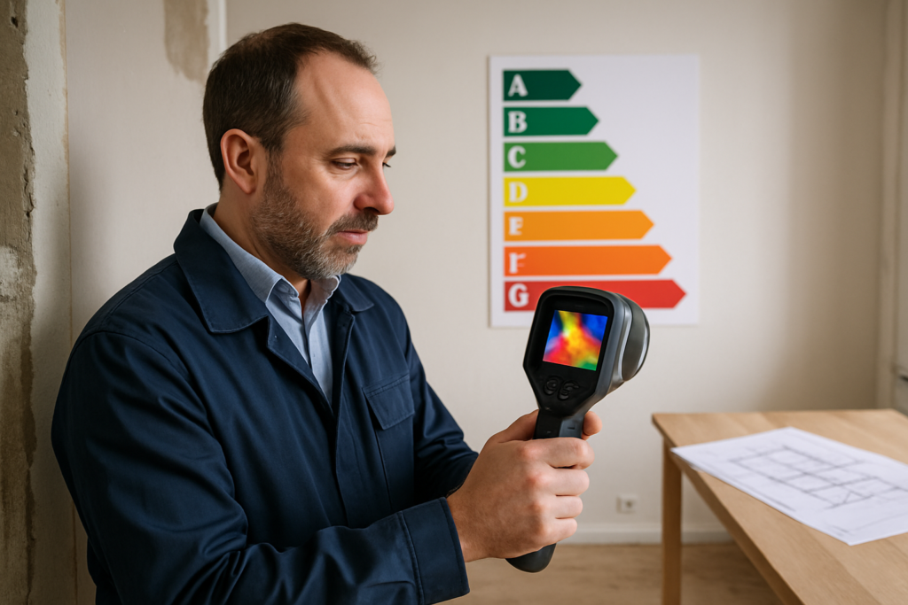 Scène intérieure réaliste d'un appartement en cours de rénovation : un diagnostiqueur immobilier français en tenue professionnelle utilise une caméra thermique infrarouge pour analyser l'isolation d'un mur, avec à l'arrière-plan un graphique de performance énergétique coloré et des plans de chantier sur une table, éclairage naturel, style photographique haute résolution, ambiance professionnelle et moderne