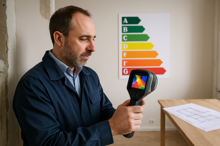 Scène intérieure réaliste d'un appartement en cours de rénovation : un diagnostiqueur immobilier français en tenue professionnelle utilise une caméra thermique infrarouge pour analyser l'isolation d'un mur, avec à l'arrière-plan un graphique de performance énergétique coloré et des plans de chantier sur une table, éclairage naturel, style photographique haute résolution, ambiance professionnelle et moderne