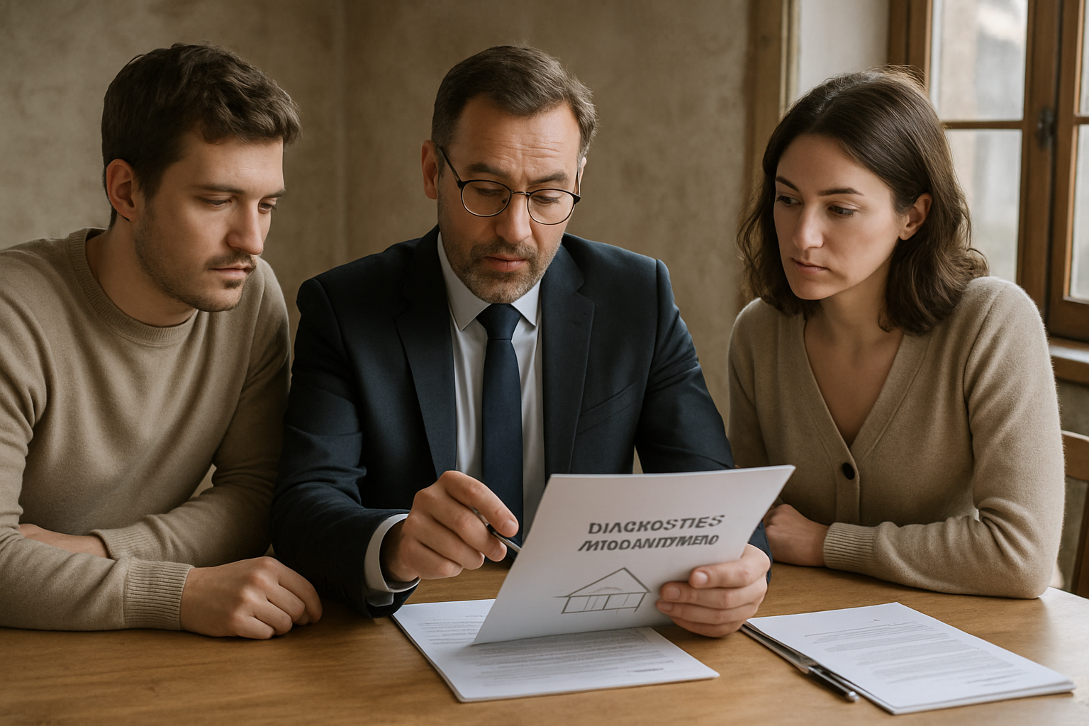 Scène réaliste montrant un notaire et deux héritiers autour d'une table en bois, examinant un dossier de diagnostics immobiliers dans une maison ancienne, lumière naturelle douce, ambiance professionnelle, couleurs neutres, orientation paysage, style photo haute résolution 300 dpi