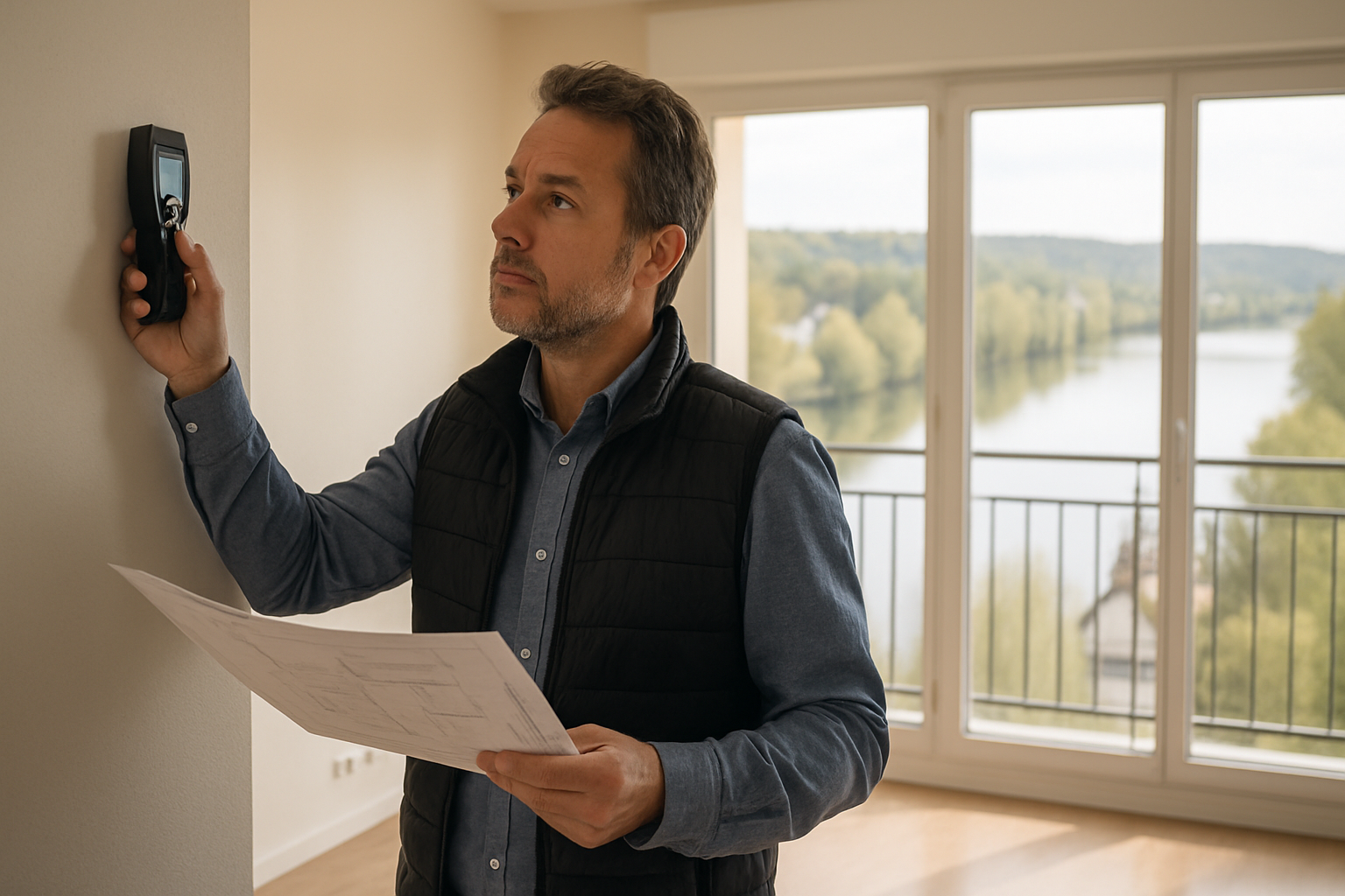 Scène réaliste en lumière naturelle montrant un diagnostiqueur immobilier équipé d’un appareil de mesure et d’un plan, inspectant l’intérieur lumineux d’un appartement à Triel-sur-Seine avec vue sur la Seine en arrière-plan, style professionnel photo 16:9, couleurs douces, ambiance sérieuse et rassurante