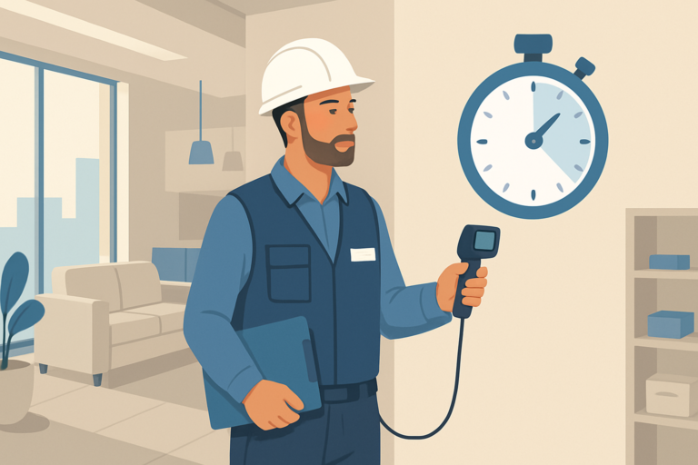 Illustration d'un diagnostiqueur immobilier en tenue professionnelle effectuant un relevé avec un détecteur dans un appartement moderne, présence d'un chronomètre indiquant l'urgence, style flat design réaliste, couleurs neutres et touches de bleu, lumière naturelle, orientation paysage, qualité web 4K