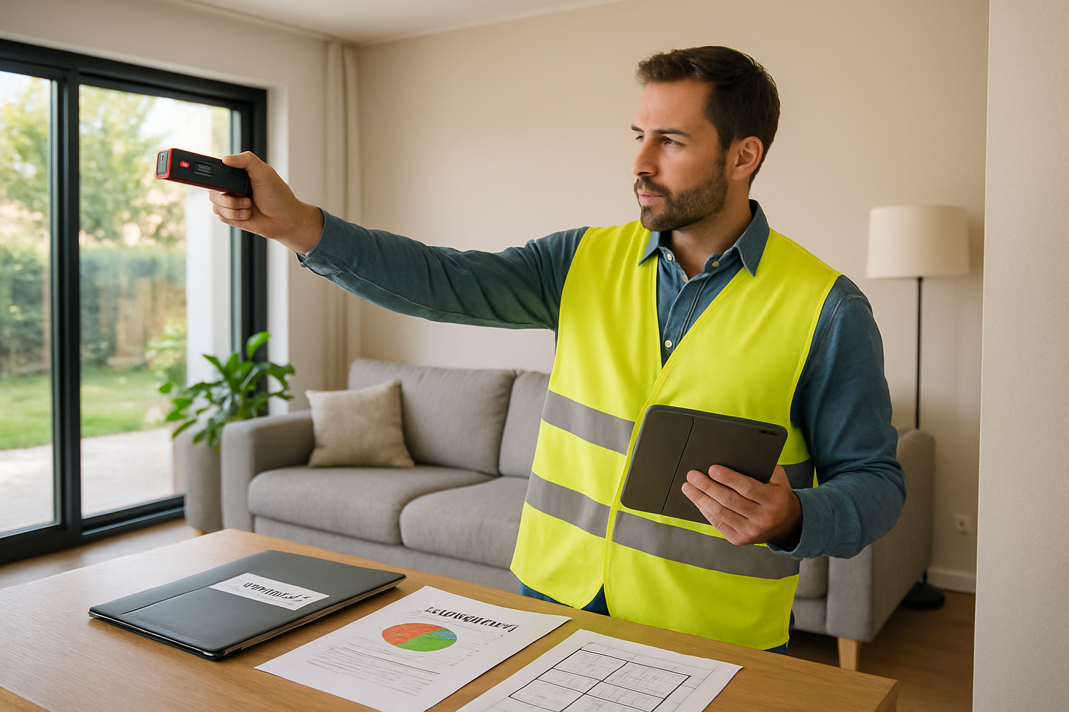 Illustration réaliste et lumineuse d’un diagnostiqueur immobilier portant gilet et tablette numérique, utilisant un mètre laser dans le salon d’une maison contemporaine à Vernouillet, avec dossiers de diagnostics et plan du bien visibles sur la table, style photo-reportage professionnel, couleurs neutres et éclairage naturel