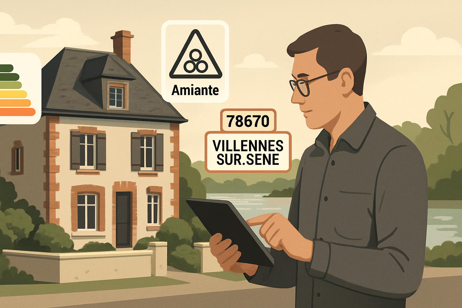 Illustration vectorielle professionnelle montrant un diagnostiqueur immobilier équipé d’une tablette inspectant une maison de style francilien à Villennes-sur-Seine, avec en arrière-plan la Seine et un panneau indiquant 78670, des pictogrammes d’étiquettes énergie et amiante flottant autour, palette de couleurs sobres, éclairage naturel, style flat design réaliste, format horizontal 16:9