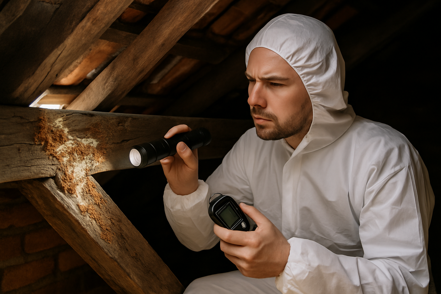 Photographie haute résolution d’un technicien en combinaison blanche inspectant une charpente ancienne, lampe torche et hygromètre à la main, zones de bois brunes et filamenteuses typiques de la mérule visibles, lumière naturelle traversant les tuiles, ambiance professionnelle et réaliste