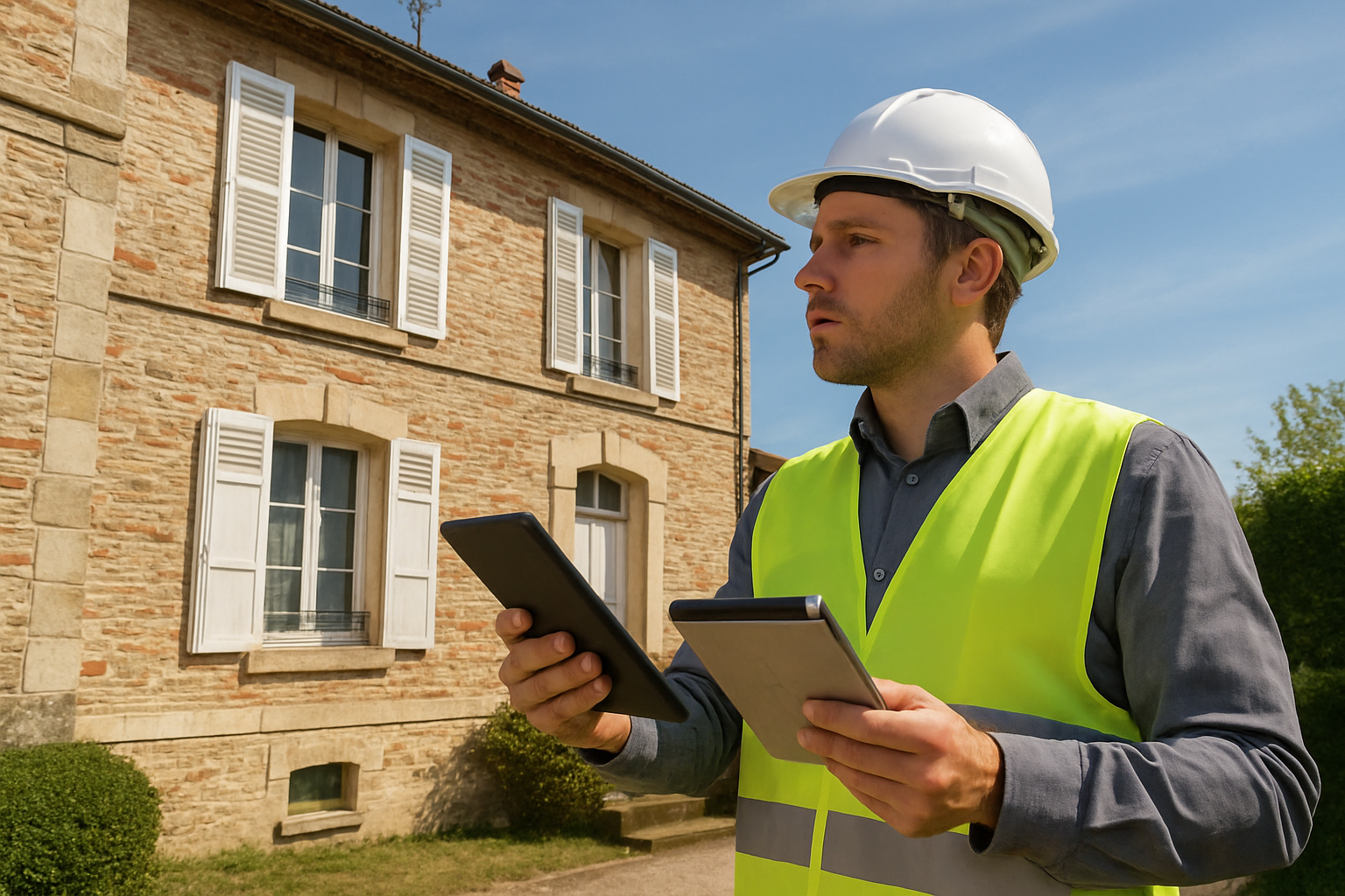 Photo réaliste, haute résolution : extérieur d'une maison typique d'Andrésy avec un diagnostiqueur immobilier portant casque de chantier et gilet, utilisant une tablette pour contrôler la façade, documents techniques en main, ciel clair, atmosphère professionnelle et lumineuse