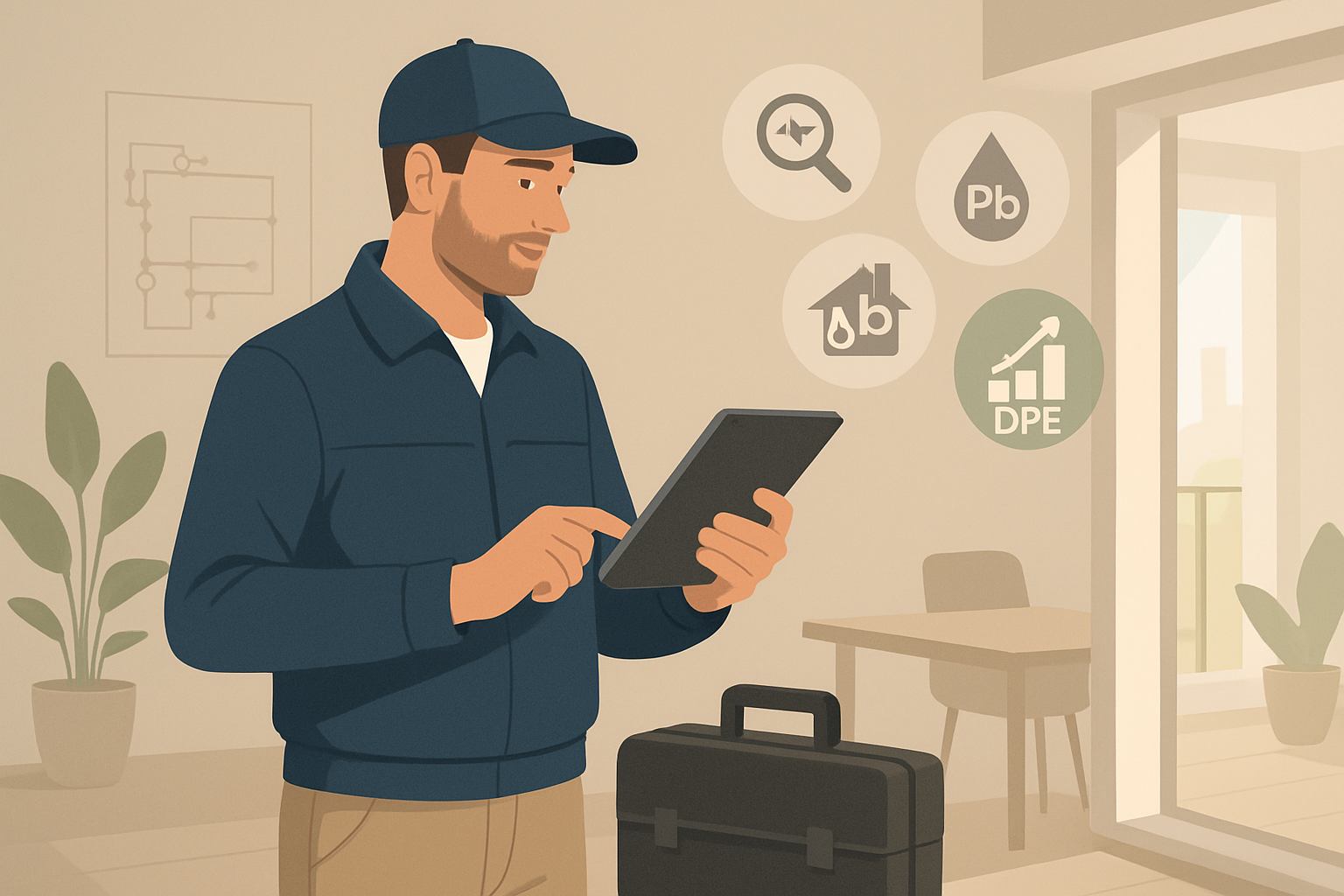 Illustration vectorielle réaliste d’un diagnostiqueur immobilier équipé d’une tablette numérique et d’une mallette, inspectant un appartement lumineux et moderne. À l’arrière-plan, un schéma électrique est visible sur le mur et de petites icônes représentant les diagnostics amiante, plomb et DPE flottent subtilement. Palette de couleurs neutres et contemporaines, style flat design professionnel, haute résolution 300 dpi.