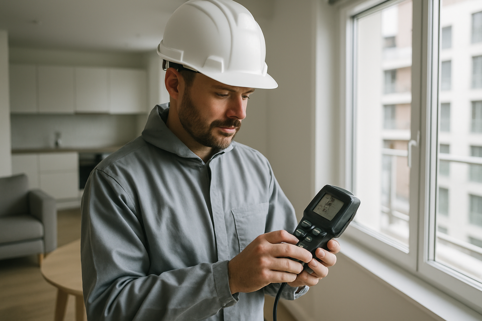 Photographie de style reportage corporate montrant un diagnostiqueur immobilier professionnel en combinaison et casque, tenant un appareil de mesure pour un DPE dans un appartement lumineux et moderne aux Mureaux, vue en plan rapproché, lumière naturelle, ton neutre et professionnel