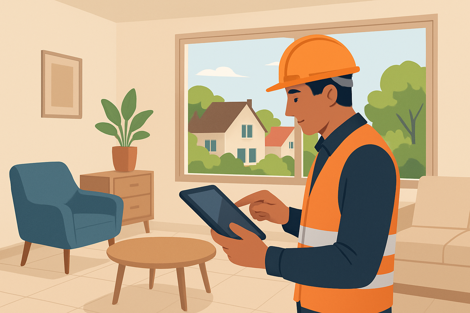 Illustration vectorielle en flat design montrant un diagnostiqueur immobilier portant un casque de chantier et utilisant une tablette numérique, inspectant un salon lumineux d’un appartement au Mesnil-le-Roi ; à travers la fenêtre, on aperçoit des maisons pavillonnaires typiques et des arbres verdoyants ; couleurs naturelles, ambiance professionnelle, mise au point nette