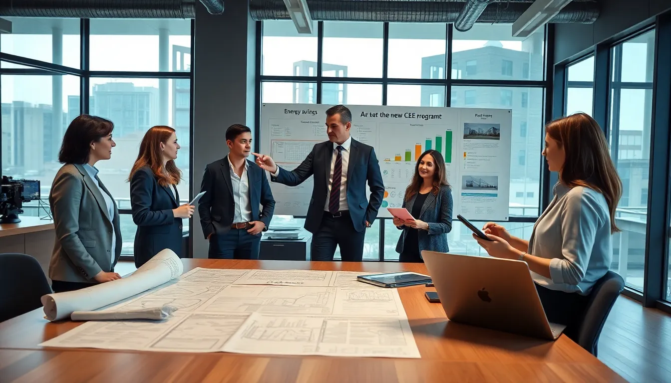 Cinq professionnels dans un bureau discutant du programme CEE, avec des plans et des rapports sur l'efficacité énergétique étalés sur la table.