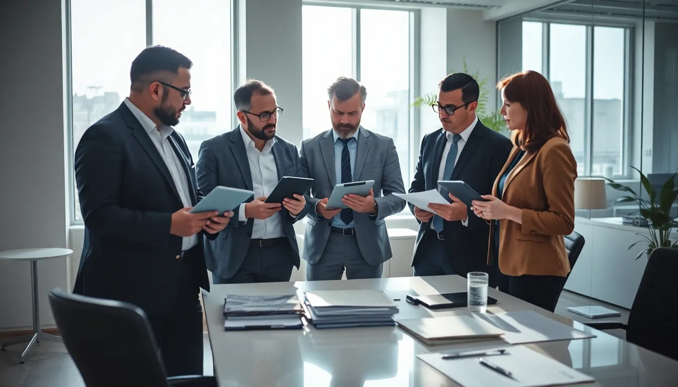 Cinq professionnels du diagnostic immobilier dans un bureau moderne, examinant les propositions de réforme de la profession de diagnostiqueur immobilier.