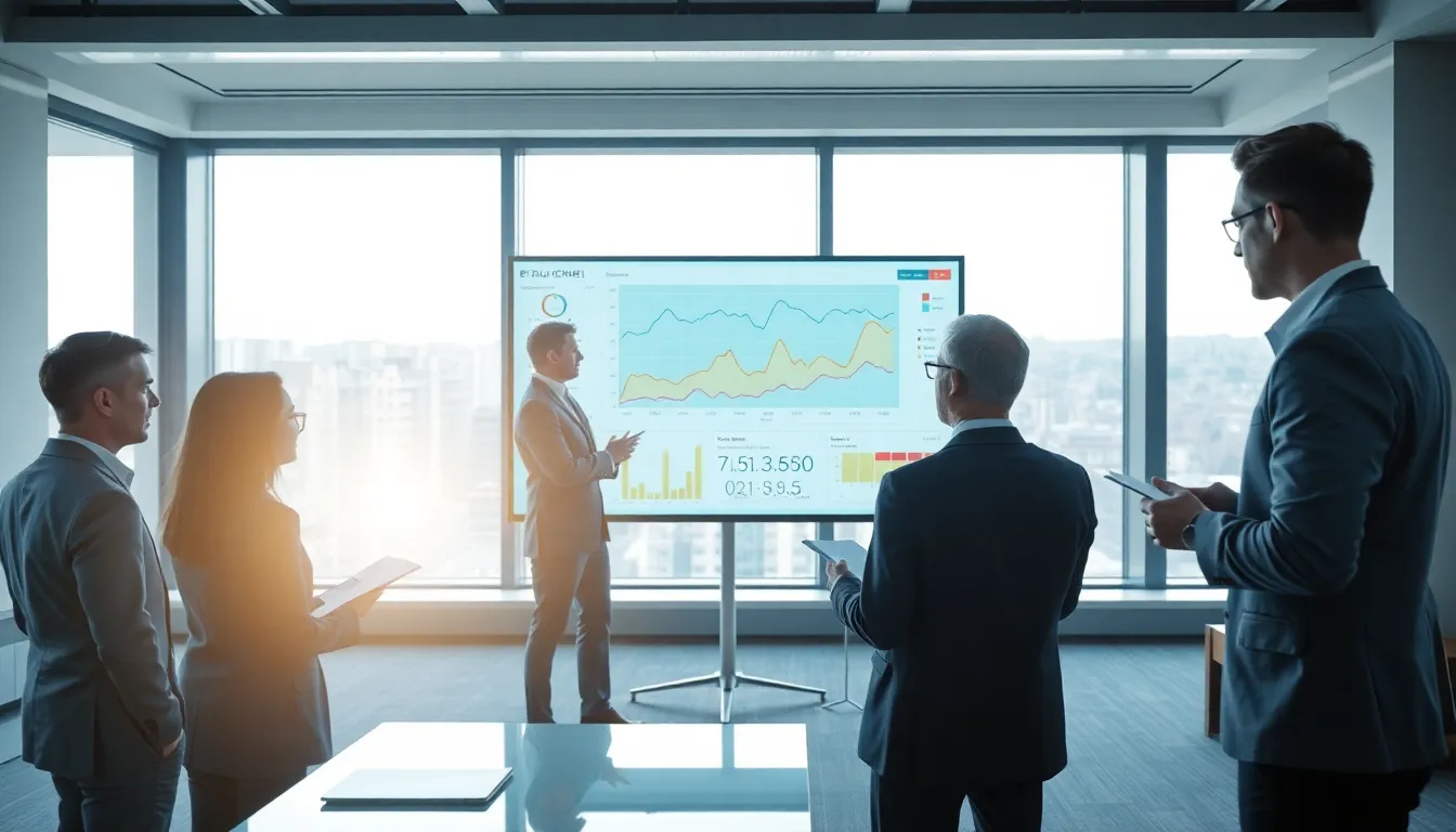 Une équipe de cinq professionnels dans un bureau moderne discutant des nouvelles alertes automatisées pour le diagnostic de performance énergétique (DPE), avec des graphiques statistiques affichés à l'écran.