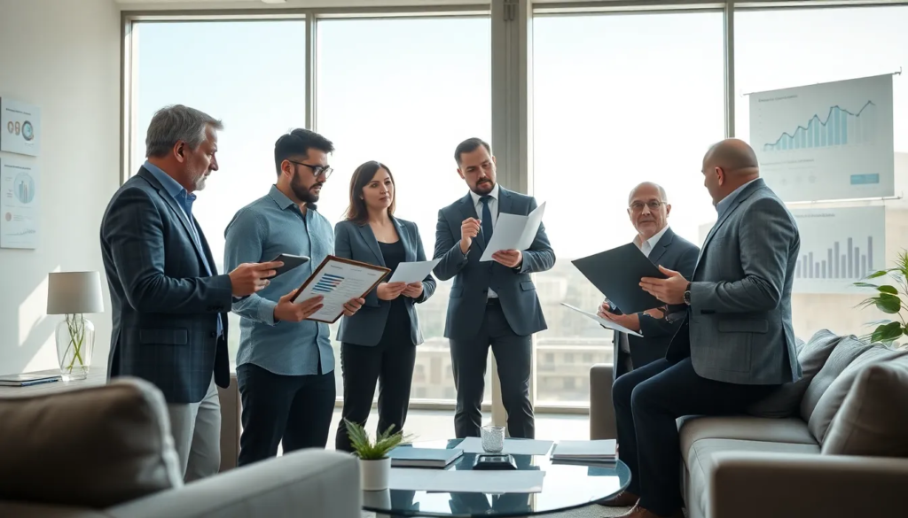 Equipe de cinq professionnels dans un bureau lumineux discutant de l'acquisition d'une entreprise de diagnostic immobilier avec un rapport financier sur une tablette.