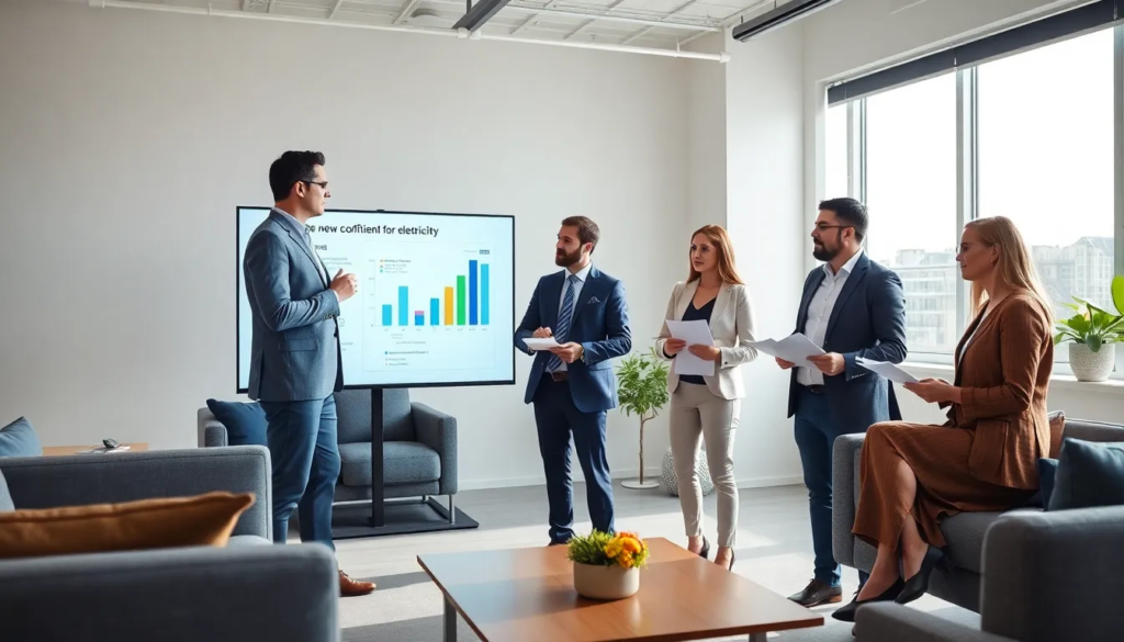 Cinq professionnels de l'immobilier en discussion dans un bureau moderne concernant les changements à venir des diagnostics de performance énergétique (DPE) avec un diagramme sur un écran numérique.