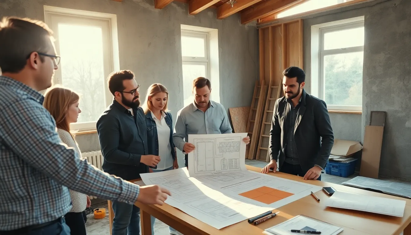Une équipe de cinq professionnels dans un immeuble résidentiel en rénovation discutant des stratégies pour améliorer le confort thermique, avec des plans et des schémas techniques sur la table.