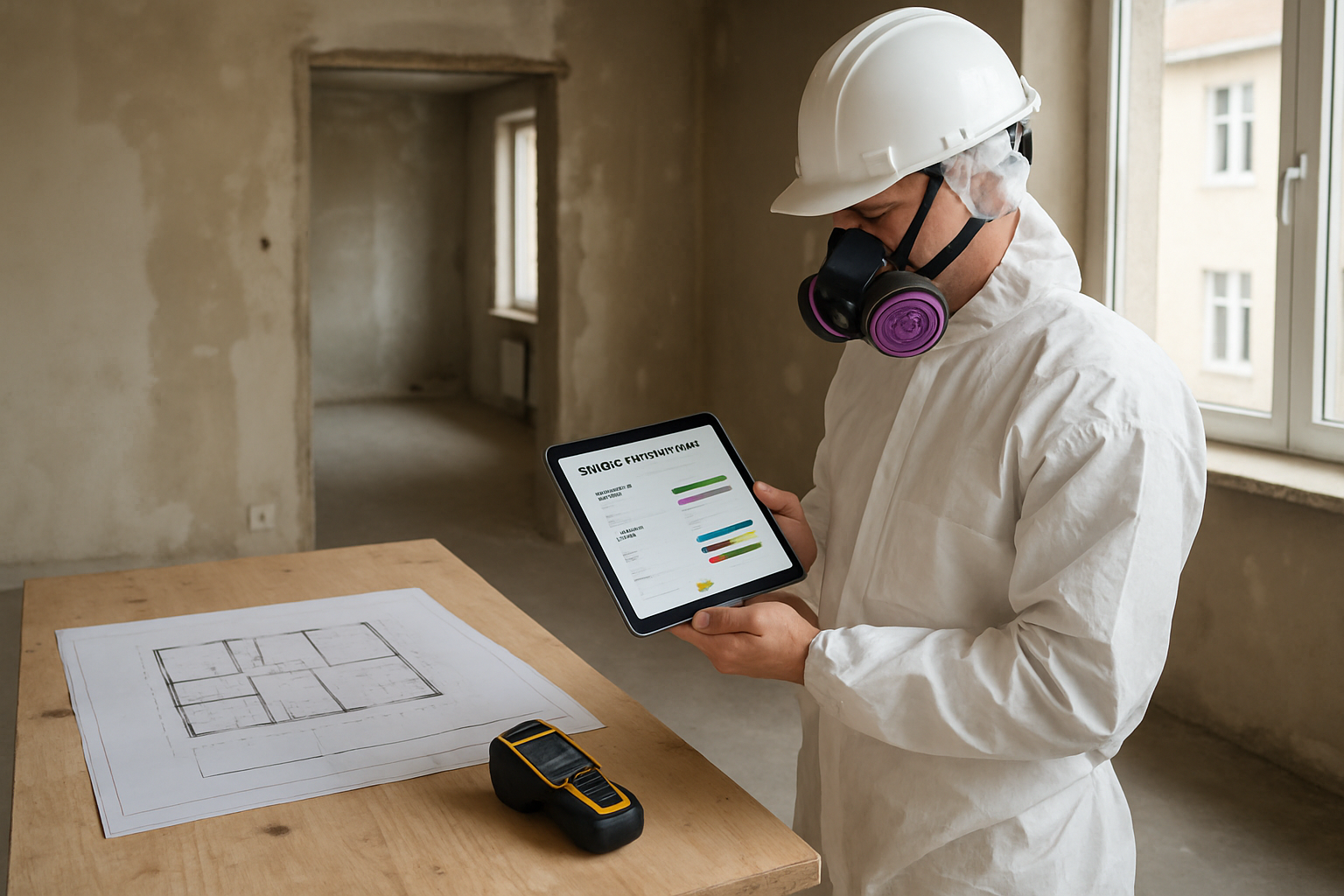 Vue intérieure d’un appartement vide en cours de rénovation. Au premier plan, un inspecteur en combinaison et casque, équipé d’un masque respiratoire, tient une tablette affichant des résultats d’analyse (amiante, plomb). Sur une table, plans de construction et détecteur portatif. Lumière naturelle venant d’une grande fenêtre, ambiance professionnelle, style photo réaliste haute définition.