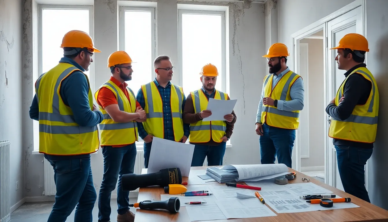 Équipe de cinq professionnels en gilets de sécurité inspectant un appartement en rénovation, discutant des résultats d'un diagnostic plomb tout en examinant les murs avec des outils techniques.