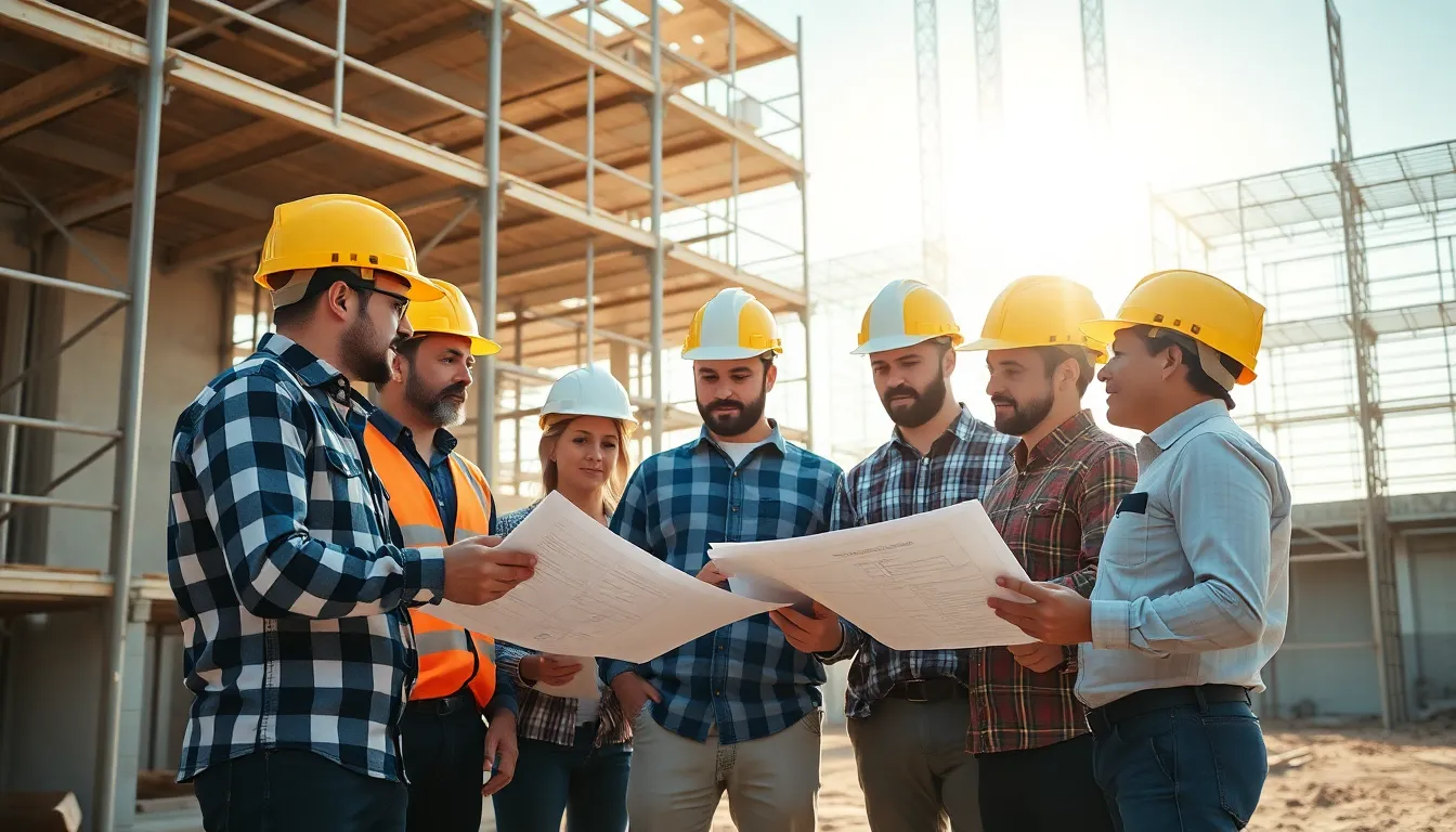 Cinq professionnels en casques de sécurité inspectant un chantier de construction pour des diagnostics immobiliers, entourés d'échafaudages et de structures inachevées.
