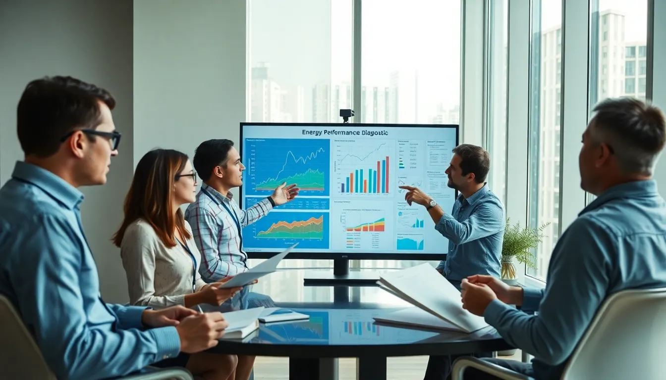 Cinq professionnels de l'immobilier examinant des rapports de diagnostic de performance énergétique dans un bureau moderne, avec des graphiques sur un écran d'ordinateur.