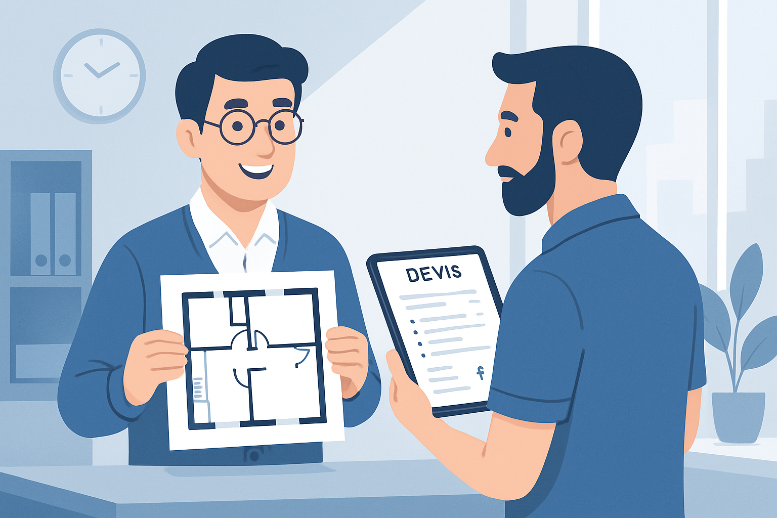 Illustration vectorielle en flat design : un propriétaire souriant tient un plan d’appartement face à un diagnostiqueur immobilier équipé d’une tablette affichant un devis détaillé. Décor de bureau lumineux, style professionnel épuré, palette de bleus et gris, résolution 4K, orientation paysage.