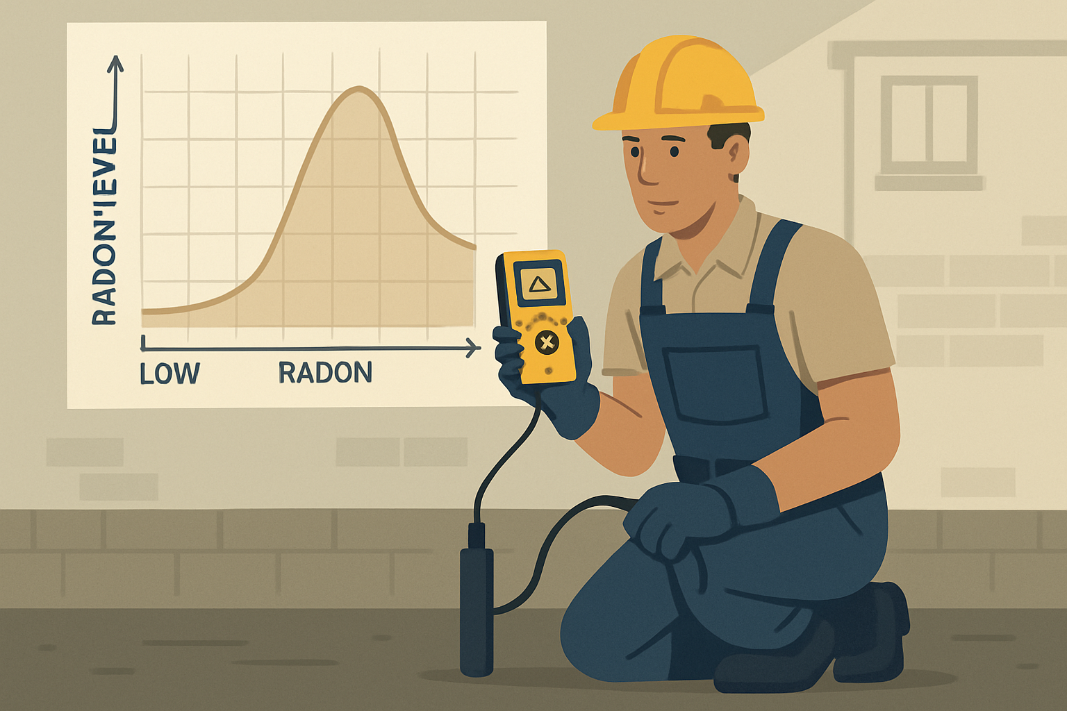 Illustration professionnelle d’un technicien équipé d’un détecteur de radon mesurant la radioactivité au sous-sol d’une maison, graphique en surimpression indiquant les niveaux de radon, style flat design moderne, couleurs sobres et rassurantes