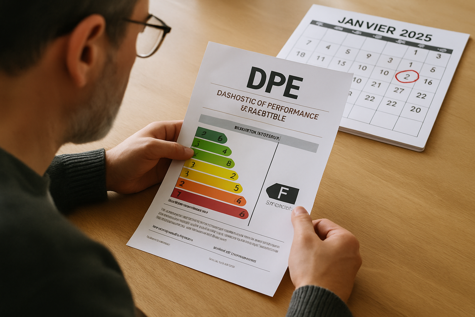 Photo réaliste haute résolution d’un propriétaire examinant un ancien rapport DPE posé sur une table, avec un calendrier ouvert sur janvier 2025 en arrière-plan, la date du 1er janvier entourée en rouge, ambiance lumineuse naturelle, style documentaire professionnel