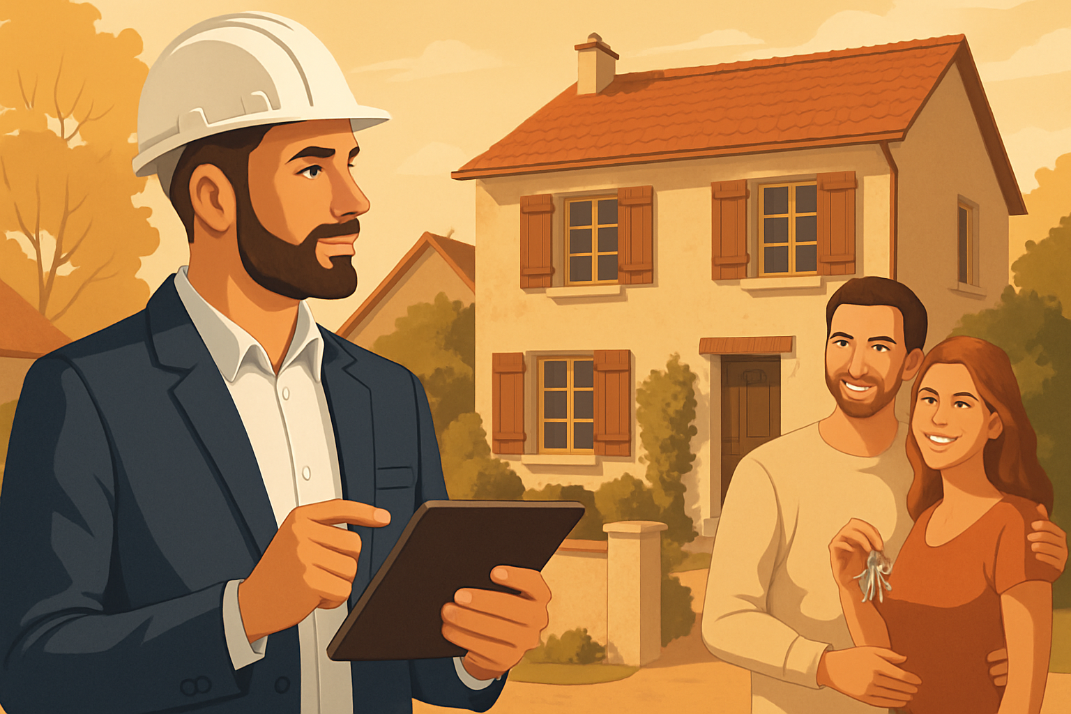 Illustration vectorielle réaliste d’un diagnostiqueur immobilier en tenue professionnelle inspectant une maison typique de Chambourcy, tablette numérique en main, couple souriant avec clés en arrière-plan, lumière chaude de fin d’après-midi, style professionnel clair, couleurs chaleureuses, orientation paysage