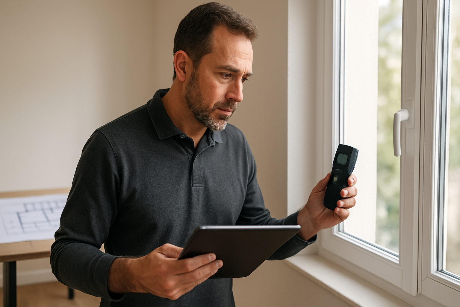 Photographie professionnelle en lumière naturelle d’un diagnostiqueur immobilier certifié inspectant l’intérieur d’un appartement lumineux au Pecq : il tient une tablette numérique et un détecteur, examine un mur près d’une fenêtre, avec un plan architectural déroulé sur une table au second plan, couleurs neutres et rendu réaliste, format horizontal 16:9