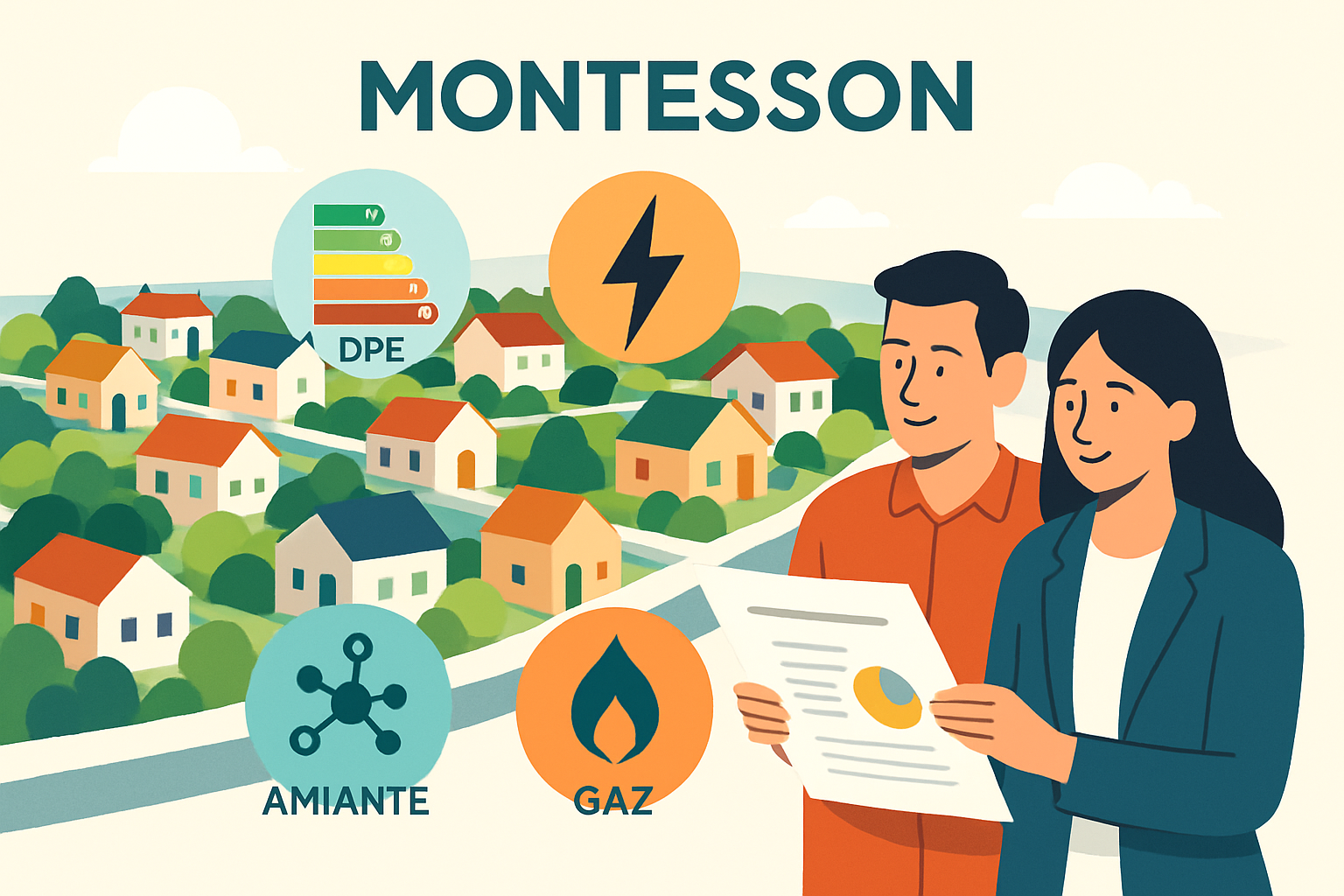Illustration professionnelle en flat design montrant une vue aérienne stylisée de la ville de Montesson avec des maisons, superposée à des icônes de diagnostics immobiliers (DPE, électricité, gaz, amiante) et un couple propriétaire-bailleur consultant un rapport, palette de couleurs modernes, style clair et épuré, fond lumineux