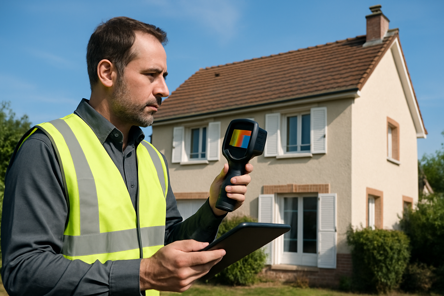 Photo réaliste d’un diagnostiqueur immobilier portant un gilet réfléchissant, inspectant une maison pavillonnaire typique d’Île-de-France à Verneuil-sur-Seine avec une tablette et une caméra thermique, ciel bleu lumineux, style professionnel corporate, mise au point nette, couleurs naturelles