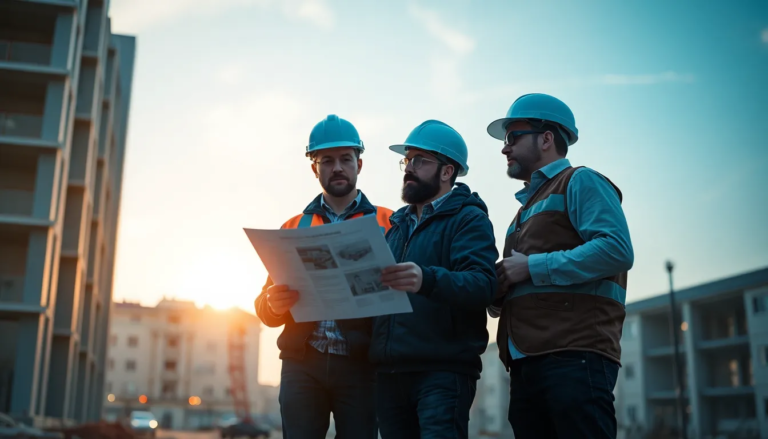 Trois professionnels de l'évaluation de la performance énergétique examinant un rapport DPE sur un chantier, en train de discuter de leur inspection.
