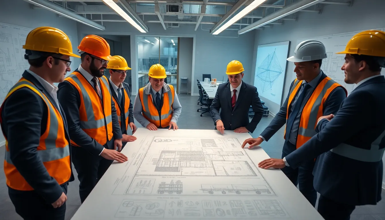 Cinq professionnels habillés de façon formelle en train de discuter autour d'un plan de rénovation de bâtiment, soulignant l'expertise d'ODI-DIAGNOSTICS en performance énergétique.