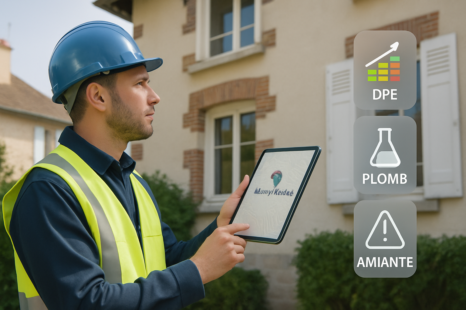 Photorealistic scene, daylight: a professional property inspector wearing a blue helmet and reflective vest uses a digital tablet while examining the façade of a traditional Île-de-France house in Marly-le-Roi; subtle map pin showing Marly-le-Roi on screen, soft corporate colour palette, overlay icons illustrating DPE, plomb and amiante diagnostics, clean and trustworthy atmosphere.