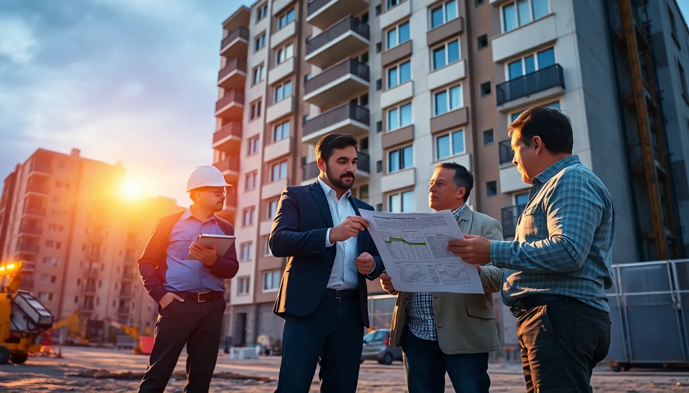 Cinq professionnels en train d'inspecter un bâtiment collectif, discutant d'éventuels problèmes structurels avec un rapport de diagnostic.