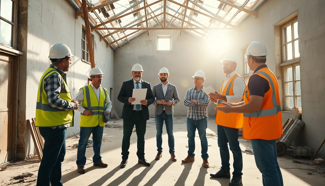 Un groupe de six professionnels inspectant un ancien bâtiment scolaire sur un chantier, documentant l'état des lieux avec des préoccupations sur l'isolation et la ventilation, soulignant l'urgence de la rénovation.