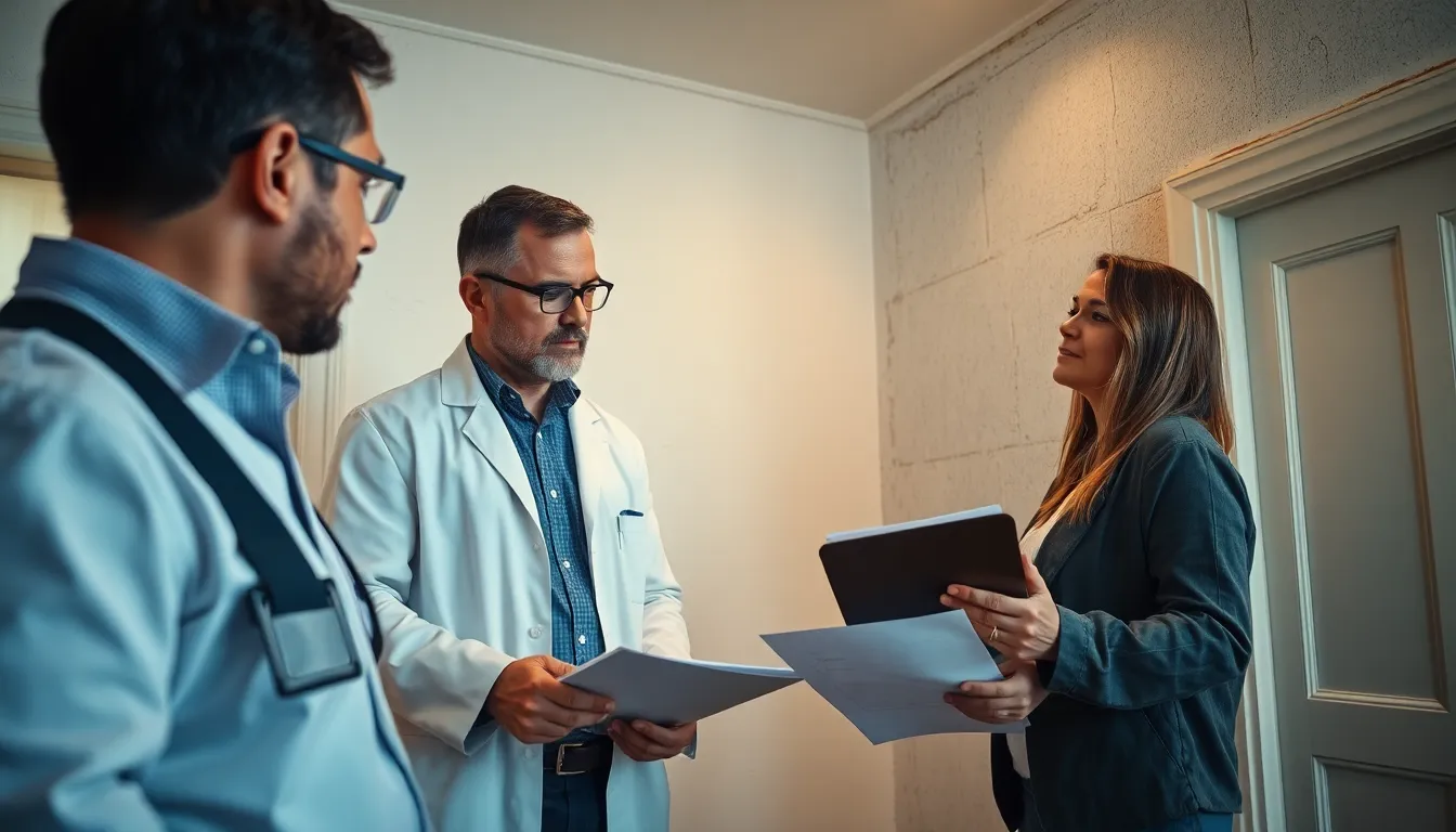 Trois professionnels, dont un diagnostiqueur immobilier, inspectant une propriété résidentielle pour détecter l'amiante, exprimant leur expertise avec des outils et des rapports à disposition.