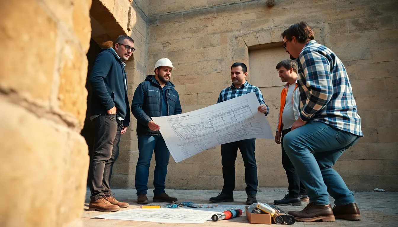 Équipe de professionnels en construction inspectant un bâtiment historique en mâchefer avec un plan architectural, soulignant les caractéristiques du matériau et l'importance de la rénovation.