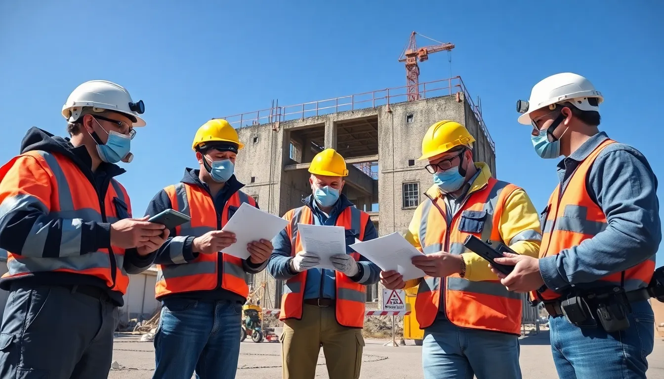 Cinq professionnels en équipement de sécurité inspectant une vieille structure de génie civil pour détecter l'amiante, avec des dispositifs de diagnostic et des documents sur site.