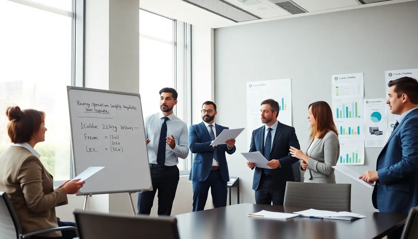 Cinq professionnels en tenue professionnelle examinant des fiches d'opérations standardisées pour les certificats d'économies d'énergie dans une salle de conférence moderne.
