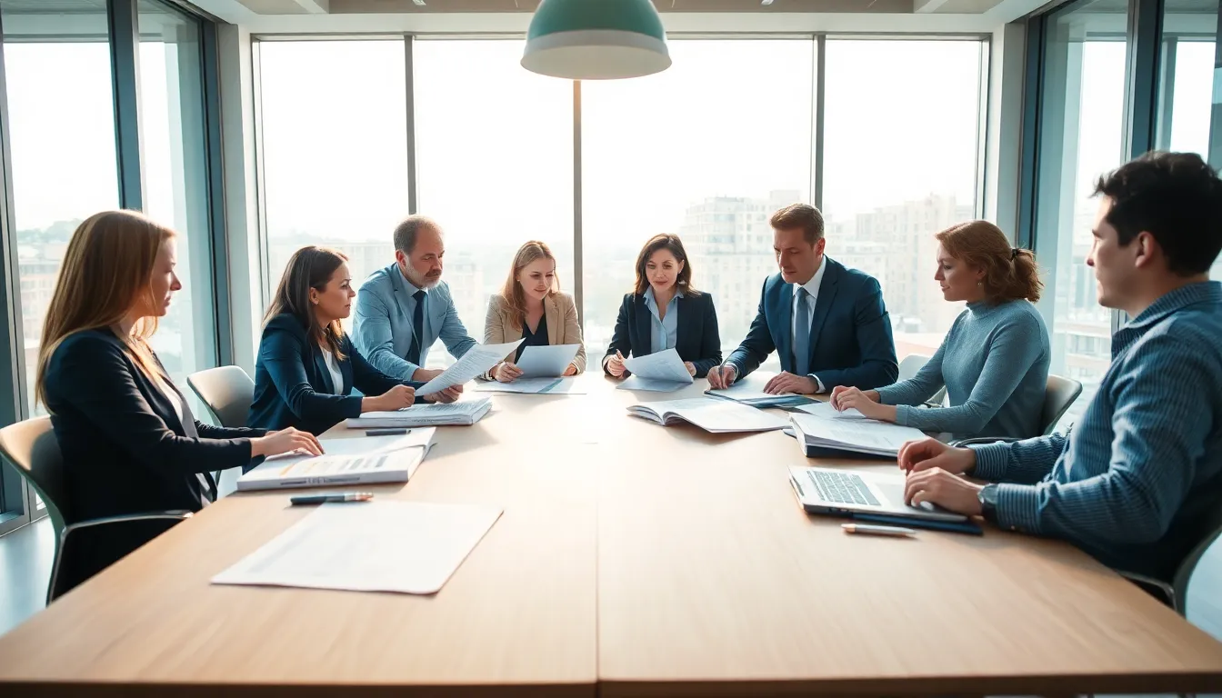 Groupe de cinq professionnels en réunion examinant des textes réglementaires sur la performance énergétique et le zonage dans une salle moderne illuminée.