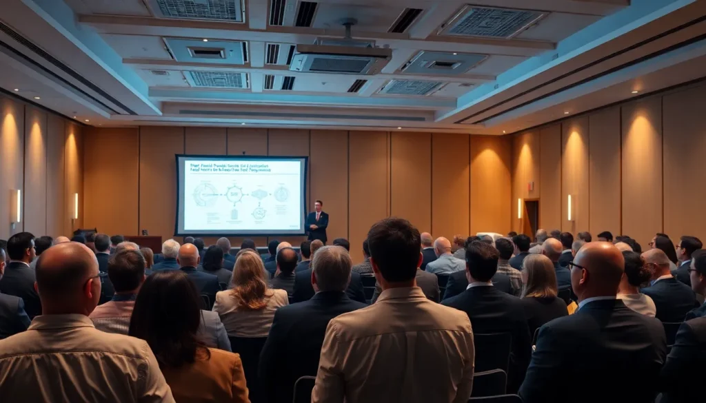Professionnels réunis dans une salle de conférence bien éclairée pour les Assises nationales du diagnostic immobilier, discutant des régulations complexes avec des diagrammes projetés.