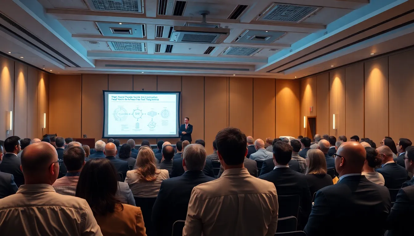 Professionnels réunis dans une salle de conférence bien éclairée pour les Assises nationales du diagnostic immobilier, discutant des régulations complexes avec des diagrammes projetés.