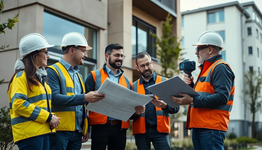Équipe de quatre auditeurs énergétiques certifiés examinant l'extérieur d'un bâtiment résidentiel pour un diagnostic de performance énergétique.
